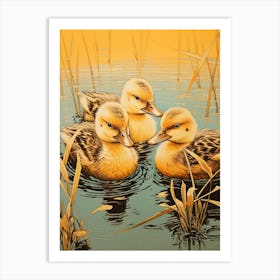 Ducklings In The Water Japanese Woodblock Style 1 Art Print