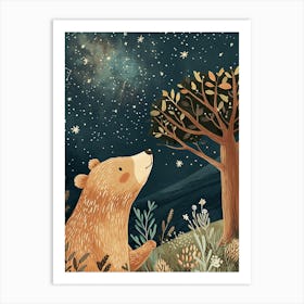 Sloth Bear Looking At A Starry Sky Storybook Illustration 3 Art Print