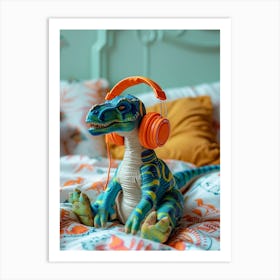 Toy Dinosaur Listening To Music With Headphones In Bed Art Print