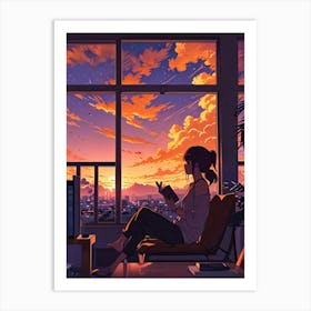 Anime Girl Reading At Sunset 3 Art Print