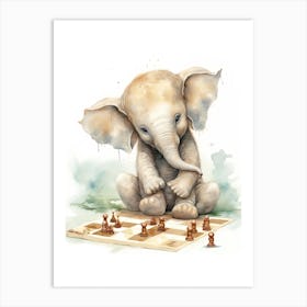 Elephant Painting Playing Chess Watercolour 2 Art Print