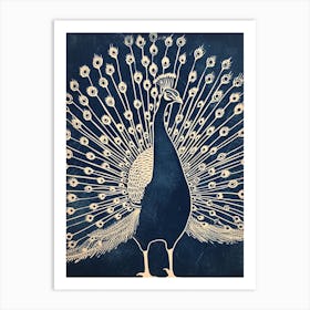 Navy Blue Linocut Inspired Peacock With Feathers Out Art Print