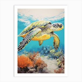 Sea Turtle In The Ocean Linograph Illustration 6 Art Print
