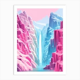 Bright Pink Blue Mystical Magical Lake Waterfall In Mountains Art Print