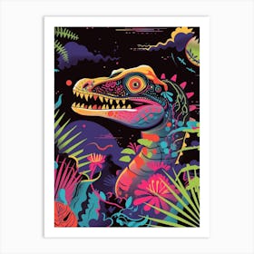 Floral Neon Dinosaur Illustration Art Print