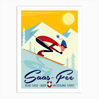 Saas Fee Ski Poster Yellow & Mint Art Print