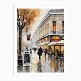 Paris cafes, winter season, Christmas, autumn oil colors, pale colors, pedestrians in the street, winter clothes, falling snow.Christmas decorations.16 Art Print