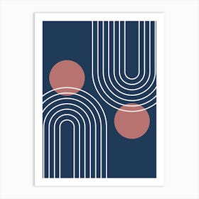 Mid Century Modern Geometric In Navy Blue And Marsala (Rainbow And Sun Abstract) 01 Art Print