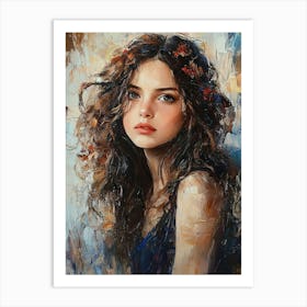 Portrait Of A Young, Dreamy Girl With Curly Brown Hair On A Mysterious Abstract Art Print