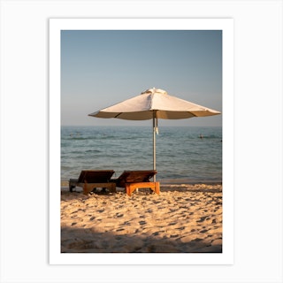 Sundown Sunlounger Ocean Beach Umbrella Vietnam Art Print