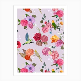 Roses Birds Lilac Art Print