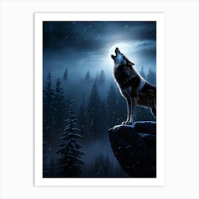 Howling Wolf Center Frame Midnight Wilderness Backdrop Full Moon Casting Silver Illumination Thro (7) Art Print