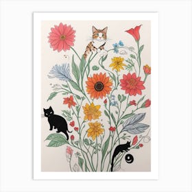 Black Cats And Flowers Art Print