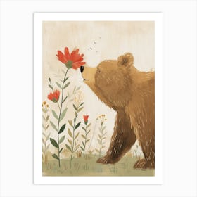 Brown Bear Sniffing A Flower Storybook Illustration 1 Art Print