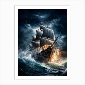 Pirate Ship In Stormy Sea Art Print