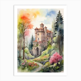 Watercolor Castle In The Forest 1 Art Print