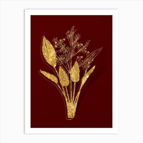 Vintage European Water Plantain Botanical in Gold on Red n.0358 Art Print