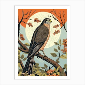 Vintage Bird Linocut Eurasian Sparrowhawk 2 Art Print