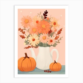 Pitcher With Sunflowers, Atumn Fall Daisies And Pumpkin Latte Cute Illustration 8 Art Print