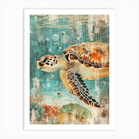 Textured Sea Turtle Collage With Bubbles 4 Art Print