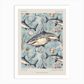 Pastel Blue Great White Shark Watercolour Seascape 1 Poster Art Print