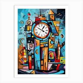 Clock Tower 2, Abstract Vibrant Colorful Modern Cubism Style Art Print
