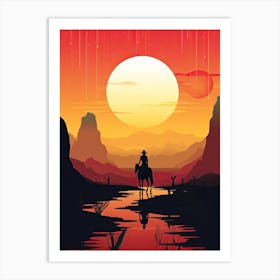 Cowgirl Riding A Horse In The Desert Orange Tones Illustration 3 Art Print