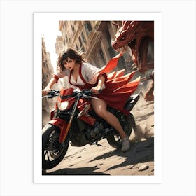 Anime - Gorgeous Girl riding Big Motorcycle Chased by a Red Dragon Art Print