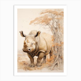 Rhino By The Trees Vintage Illustration 2 Art Print