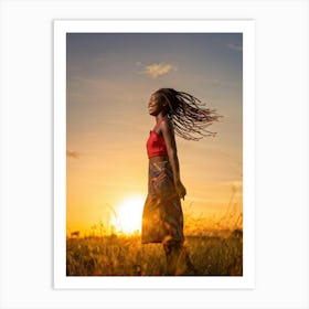 African Woman Captures The Essence Of Joy Bathed In The Warm Glow Of A Summer Sunset Her Silhouett (6) Art Print