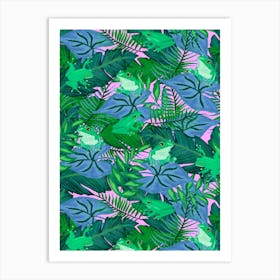 Hiding Tropical Tree Frogs in Blue Green Foliage on Pink Art Print