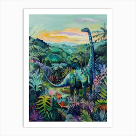 Colourful Dinosaur In The Leaves 1 Art Print