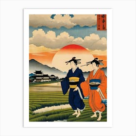 Two Japanese Women Walking In A Field Art Print