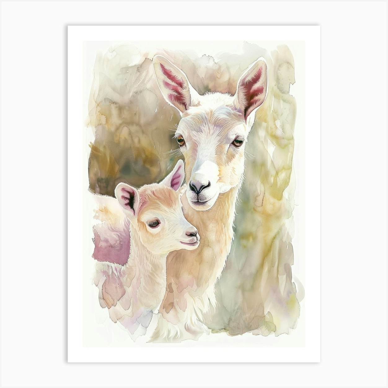 Llama Mama and her Baby. Watercolor Vintage Illustration, Kids Room Art Print by alenaganzhela
