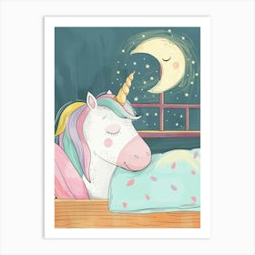 Pastel Storybook Style Unicorn Sleeping In A Duvet With The Moon 2 Art Print
