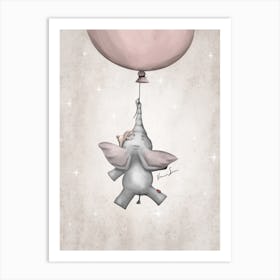 Flying Elephant With Pink Balloon Art Print