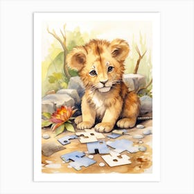 Solving Puzzles Watercolour Lion Art Painting 3 Art Print