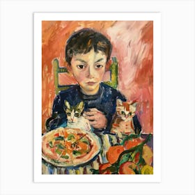 Portrait Of A Boy With Cats Having Pizza 2 Art Print