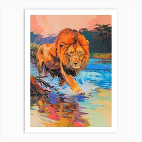 Masai Lion Crossing A River Fauvist Painting 2 Art Print