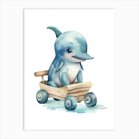 Baby Dolphin On Toy Car, Watercolour Nursery 2 Art Print