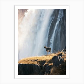 Deer In Front Of Waterfall Art Print