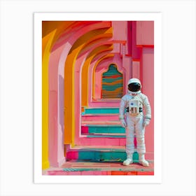 Astronaut In Front Of Colorful Buildings Art Print