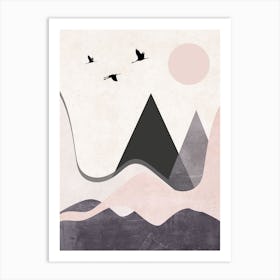 Hills And Mountains Pink Cotton Abstract Art Print
