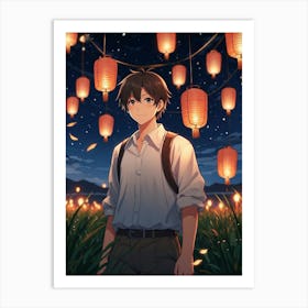 Anime Boy Standing In Field With Lanterns Art Print