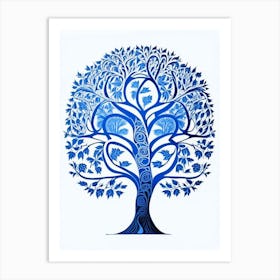 Tree Of Knowledge 1 Symbol Blue And White Line Drawing Art Print