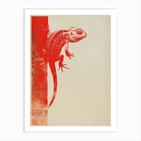 Red Chameleon Block Print Art Print