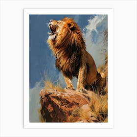 Barbary Lion Roaring On A Cliff Acrylic Painting 2 Art Print