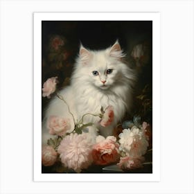White & Pink Cat Rococo Style 1 Art Print