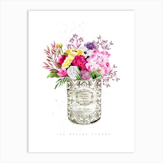 Pink Flowers In Vinatge Can Art Print