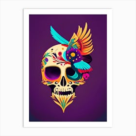 Skull With Bird Motifs Colourful 1 Mexican Art Print